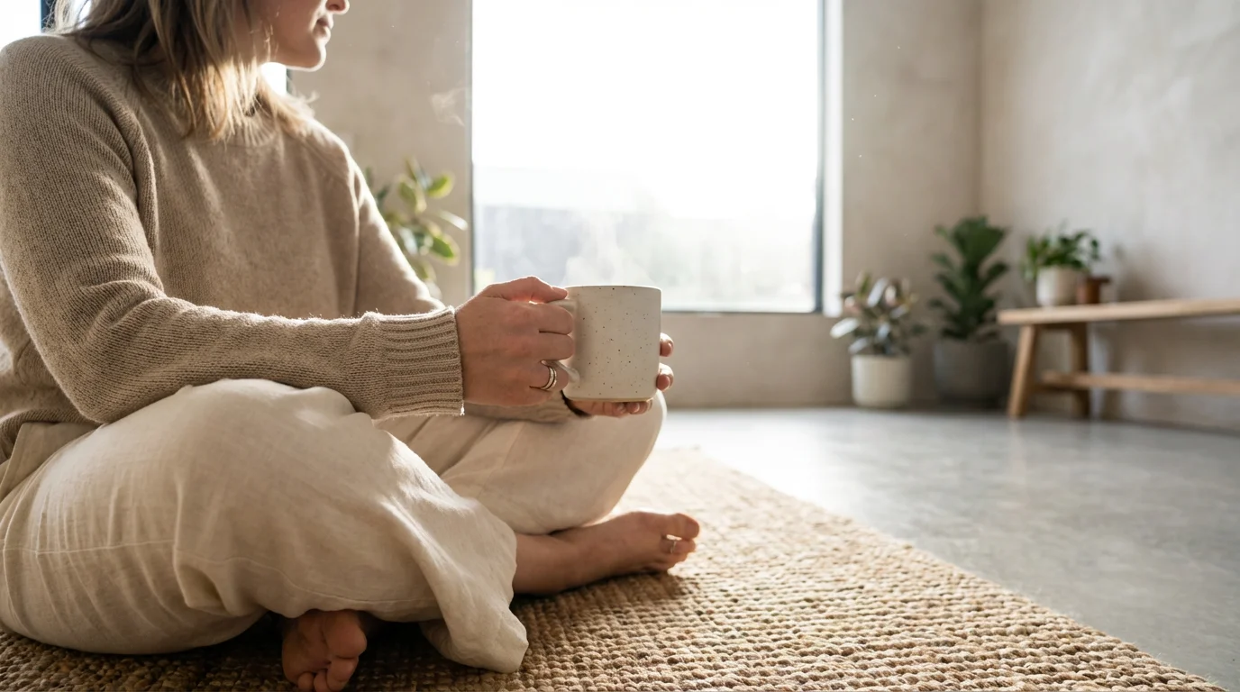 Person enjoying quiet morning coffee by a bright window, intentional startup ritual.