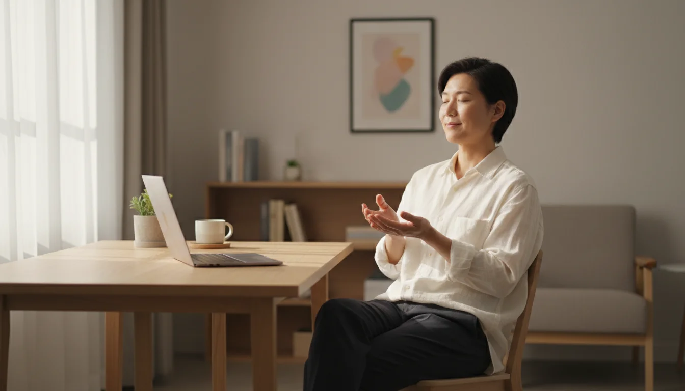 A person with eyes softly closed, hands resting gently, seated at a minimalist desk in a bright home office.