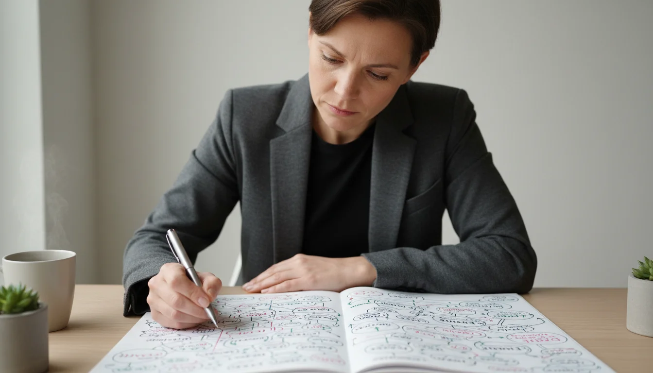 A person with a furrowed brow intently studying a hand-drawn mind map in a notebook, pen poised. Modern office visible in background.
