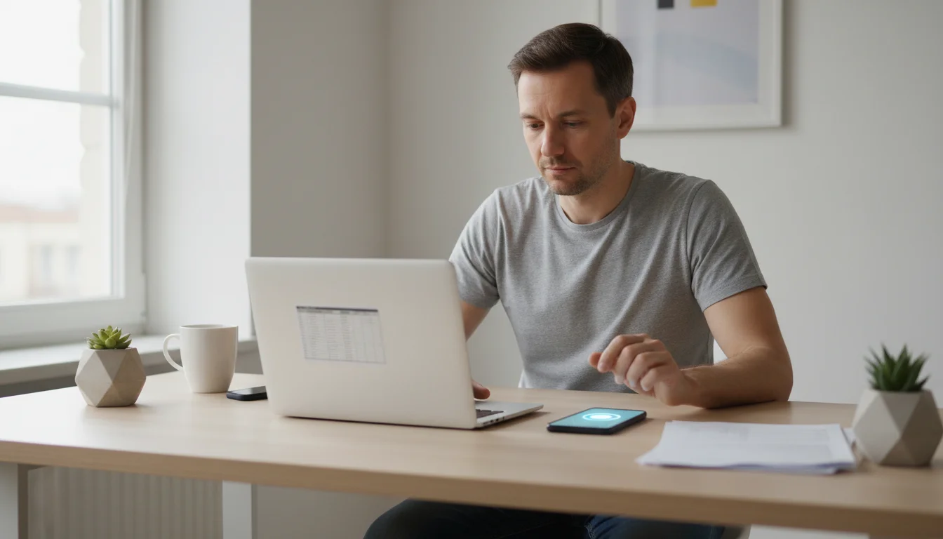 A person's gaze subtly drawn to a smartphone notification on a clean minimalist desk next to their laptop.