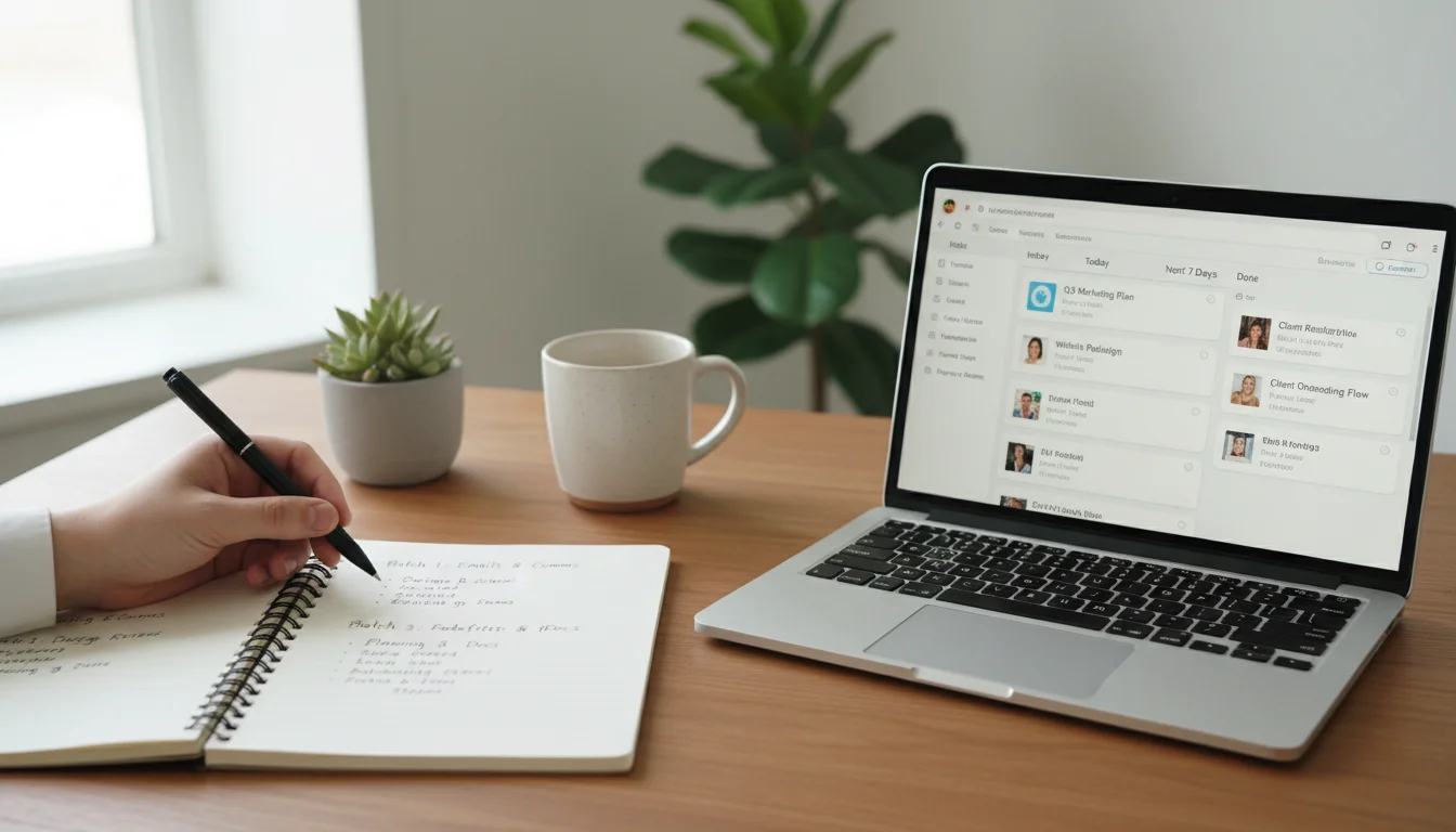 A person's hand holding a pen over a notebook with batched tasks, next to a laptop displaying grouped tasks on a minimalist desk.