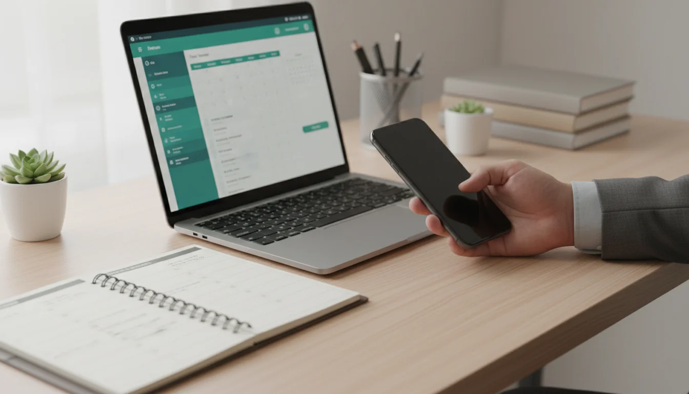 A person's hand subconsciously reaching for a dark smartphone resting near an open laptop and planner on a neat desk.