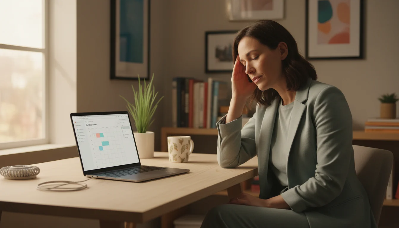 A person with a hand on their temple, eyes closed, at a minimal wood desk with a laptop displaying a productivity app. A chocolate bar and healthy sna