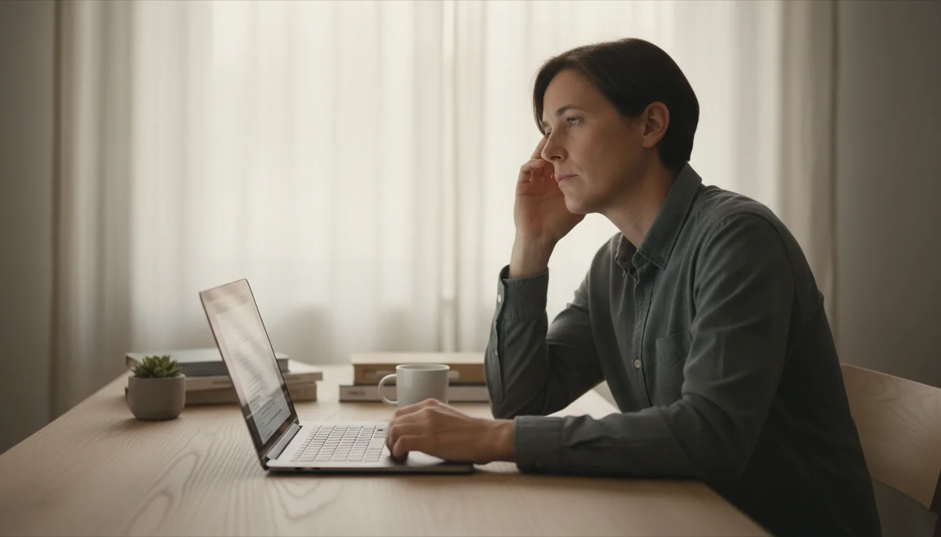 A person with a hand on their temple, looking tired at a minimalist wooden desk with an open laptop.