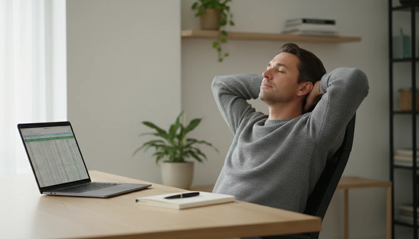 A person with hands clasped behind their head, eyes closed, takes a reflective pause from a laptop at a minimalist, sunlit desk.