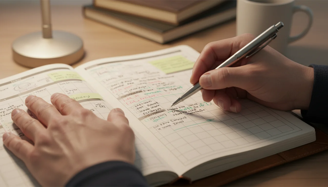 A person's hands holding a pen, making notes and revisions in a well-worn leather planner.