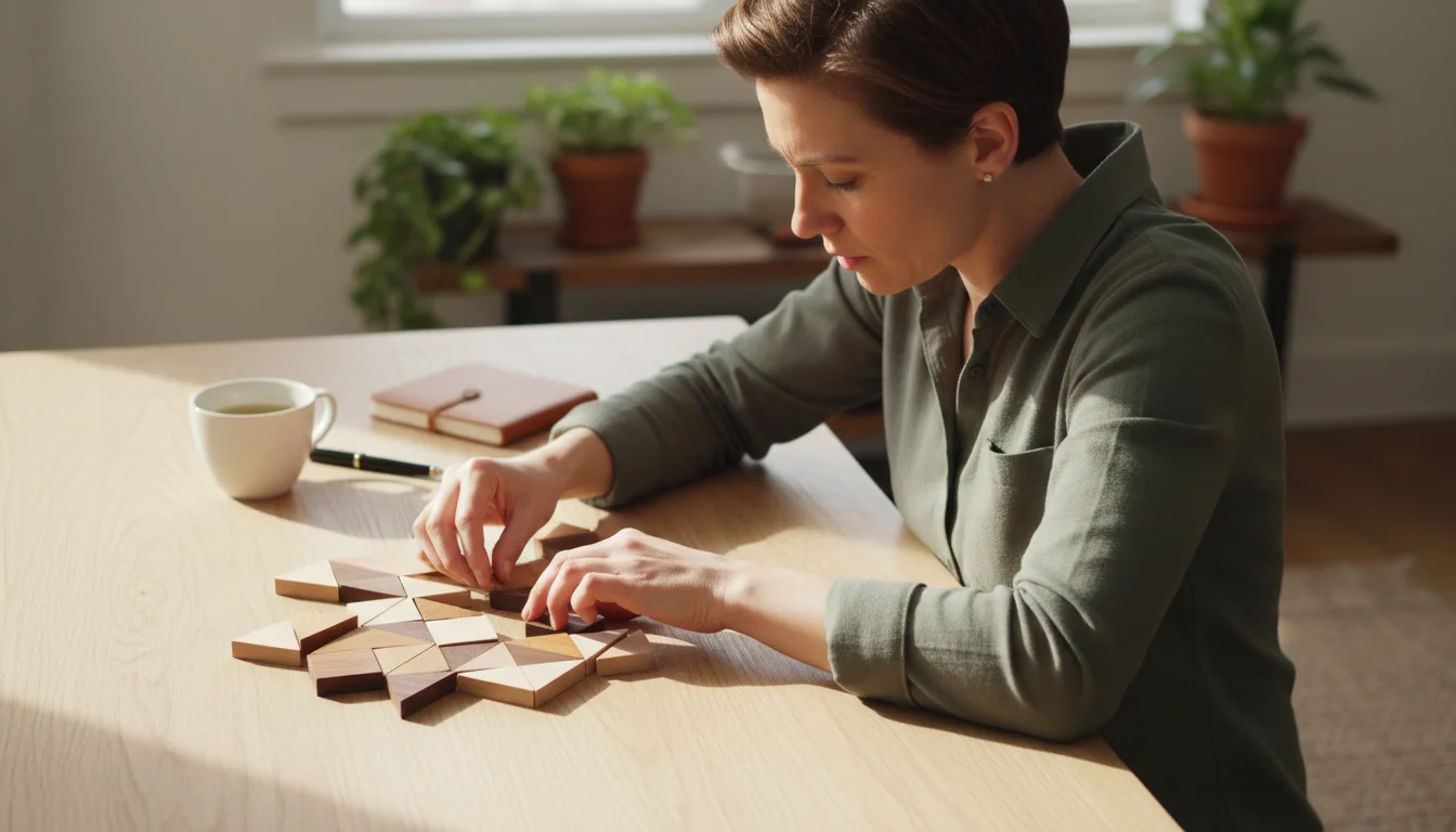Person's hands meticulously assembling an intricate wooden geometric puzzle on a clean wooden table, bathed in natural light.