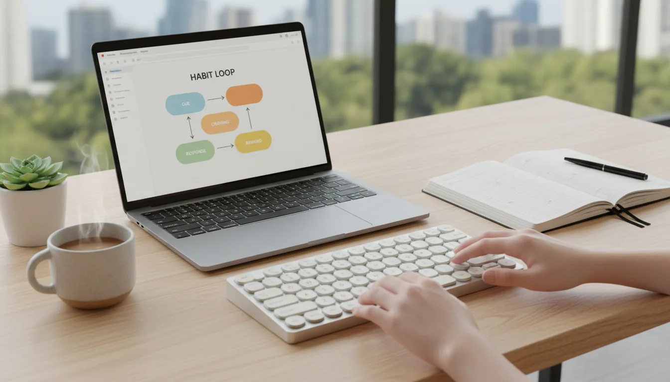 A person's hands at a minimalist desk. A laptop screen displays a habit loop diagram next to an open journal and pen.