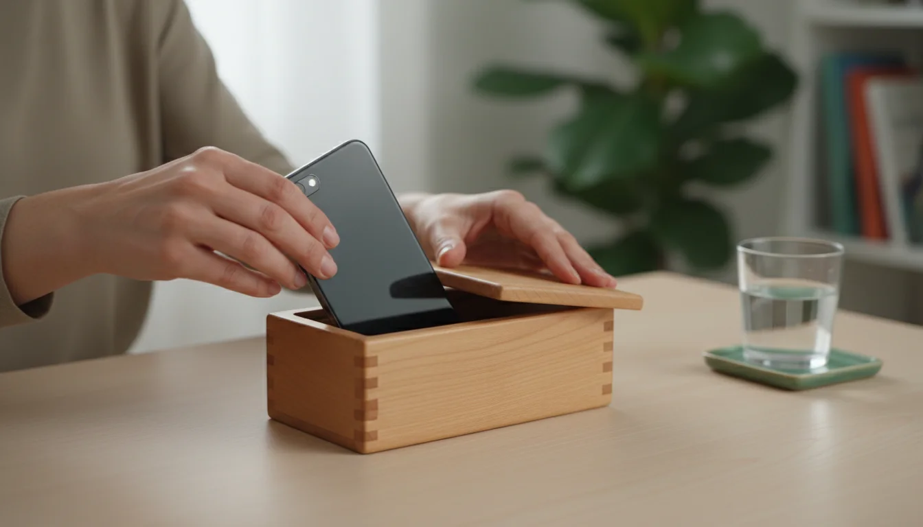 Person's hands placing a smartphone into a wooden box on a clean, minimalist desk under soft natural light.