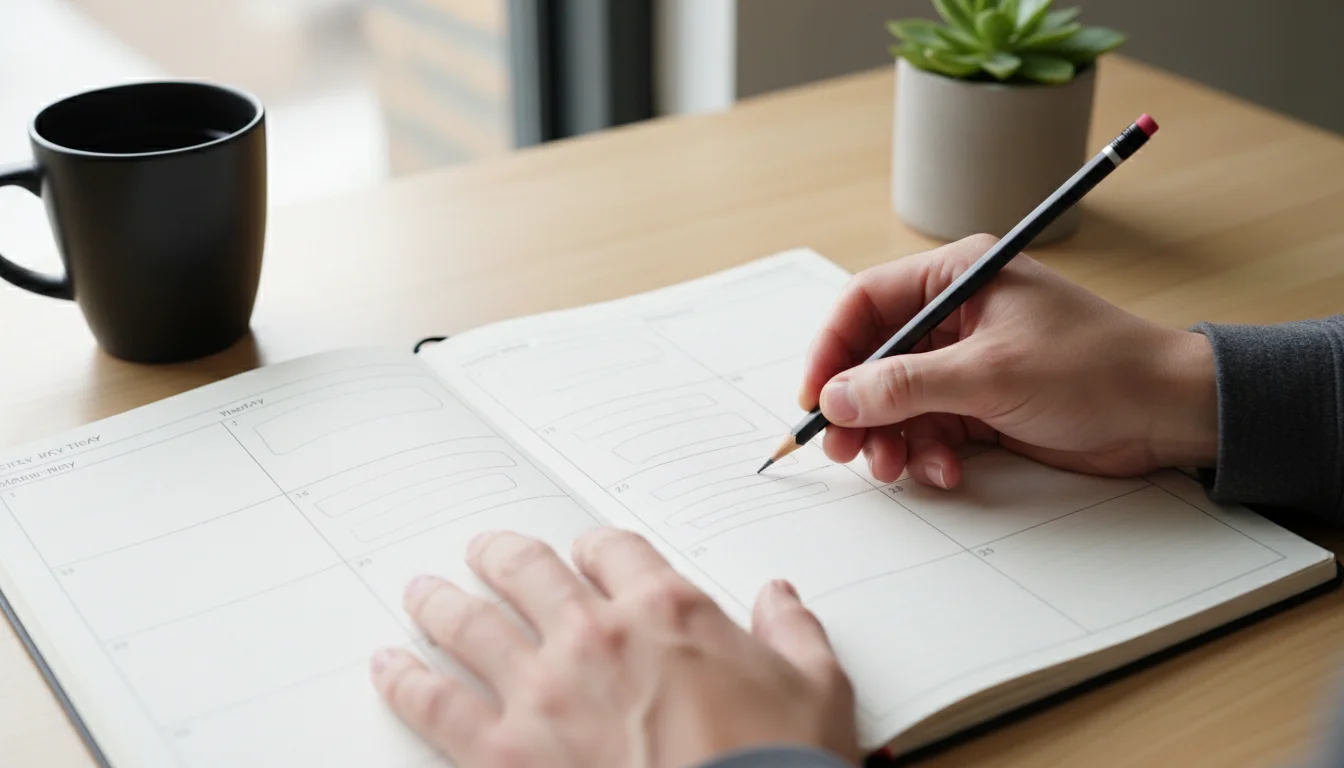 A person's hands quickly sketching flexible time blocks with a pencil onto an open minimalist weekly planner.