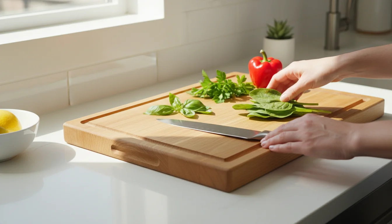 A person's hands reach for fresh vegetables on a large wooden cutting board with a chef's knife in a brightly lit, minimalist kitchen.