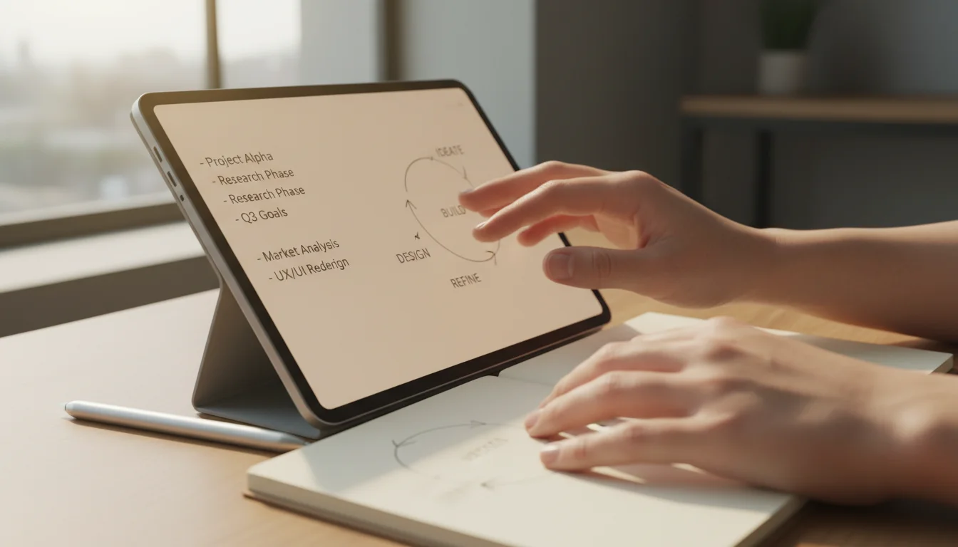 A person's hands gently rest on an open minimalist digital paper tablet displaying clear text. Natural light illuminates the calm scene.