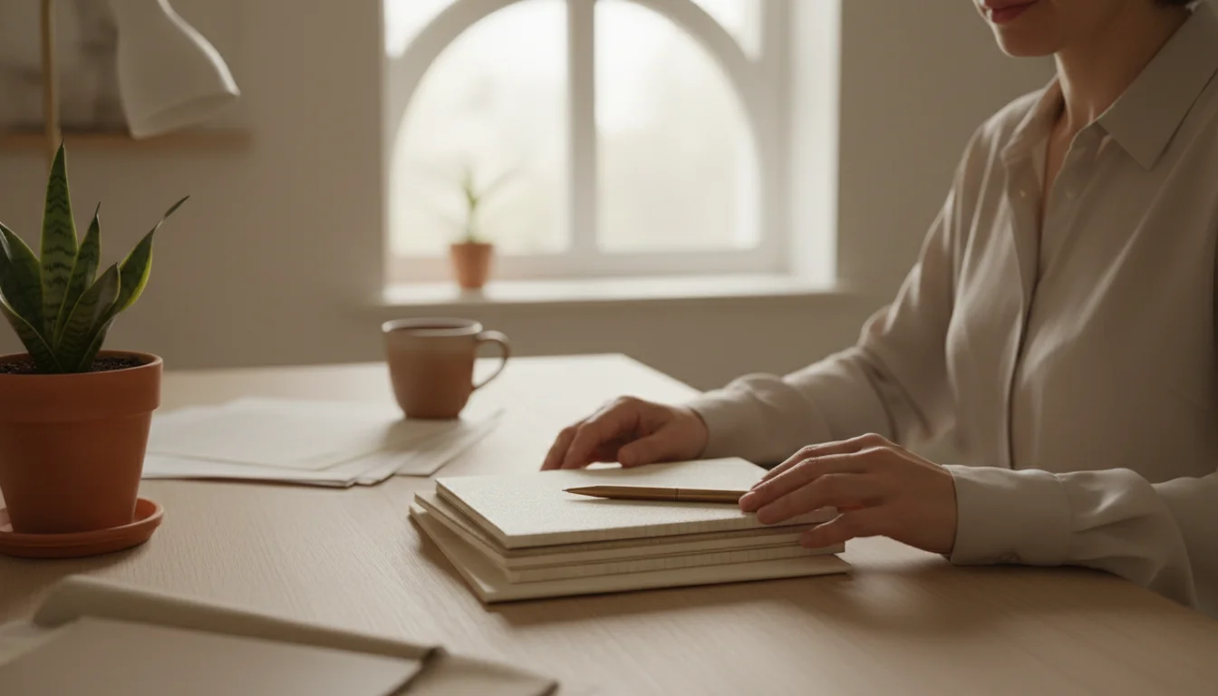 A person's hands rest on a tidy light wood desk with notebooks and a pen. Softly blurred in the background are a few papers and a partially open drawe