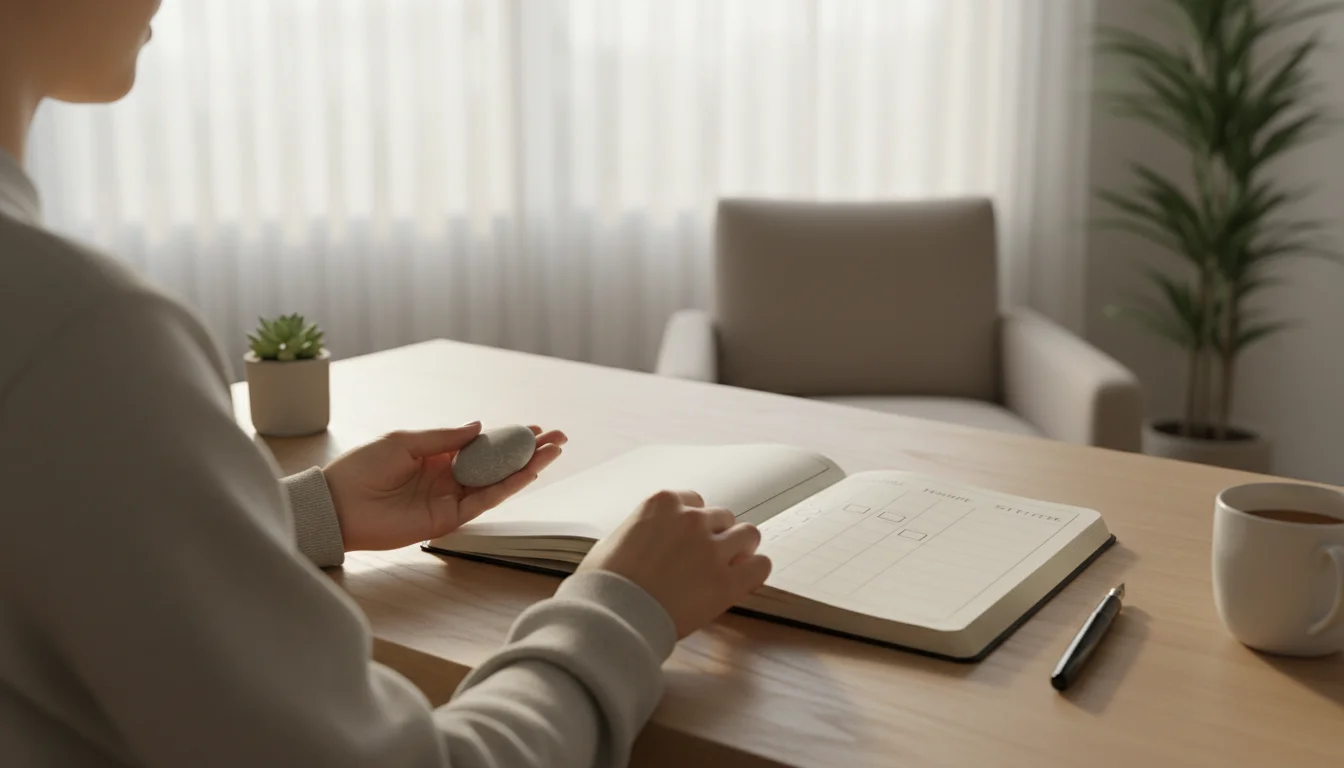 A person's hands in soft light, poised to place a smooth river stone on a minimalist journal with a habit tracker on a wood desk.