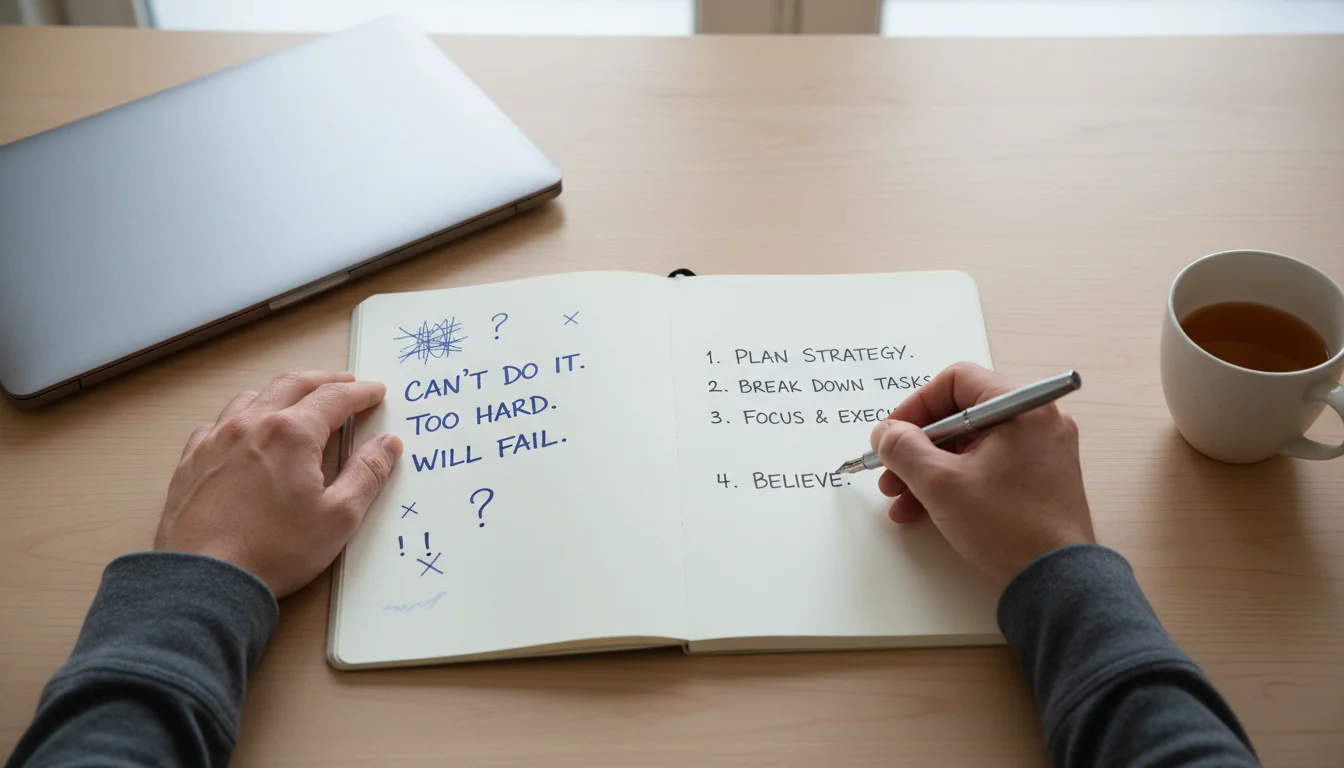 A person's hands write in a notebook on an organized desk with a closed laptop and a small plant.