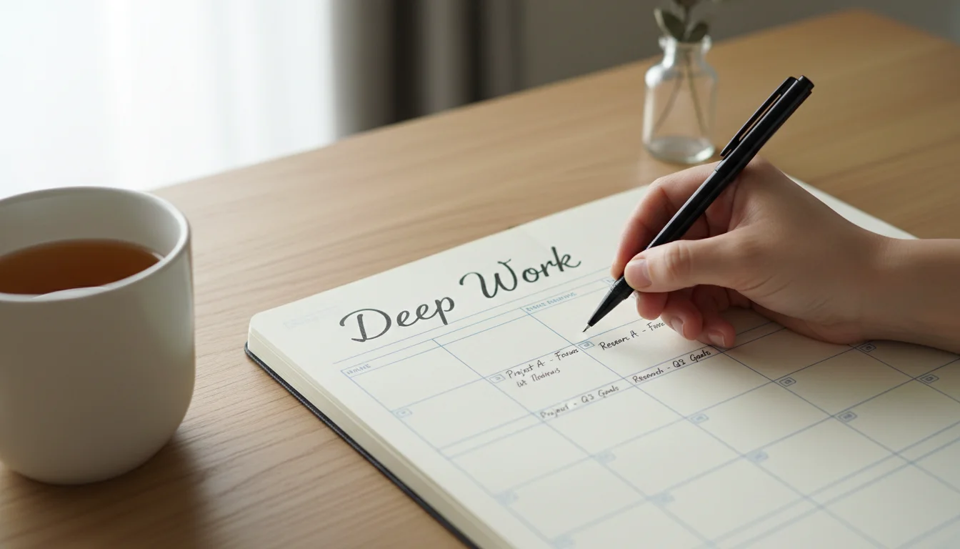 Person's hands writing 'Deep Work' into an open paper planner with a pen. The planner shows pre-scheduled time blocks on a clean desk.