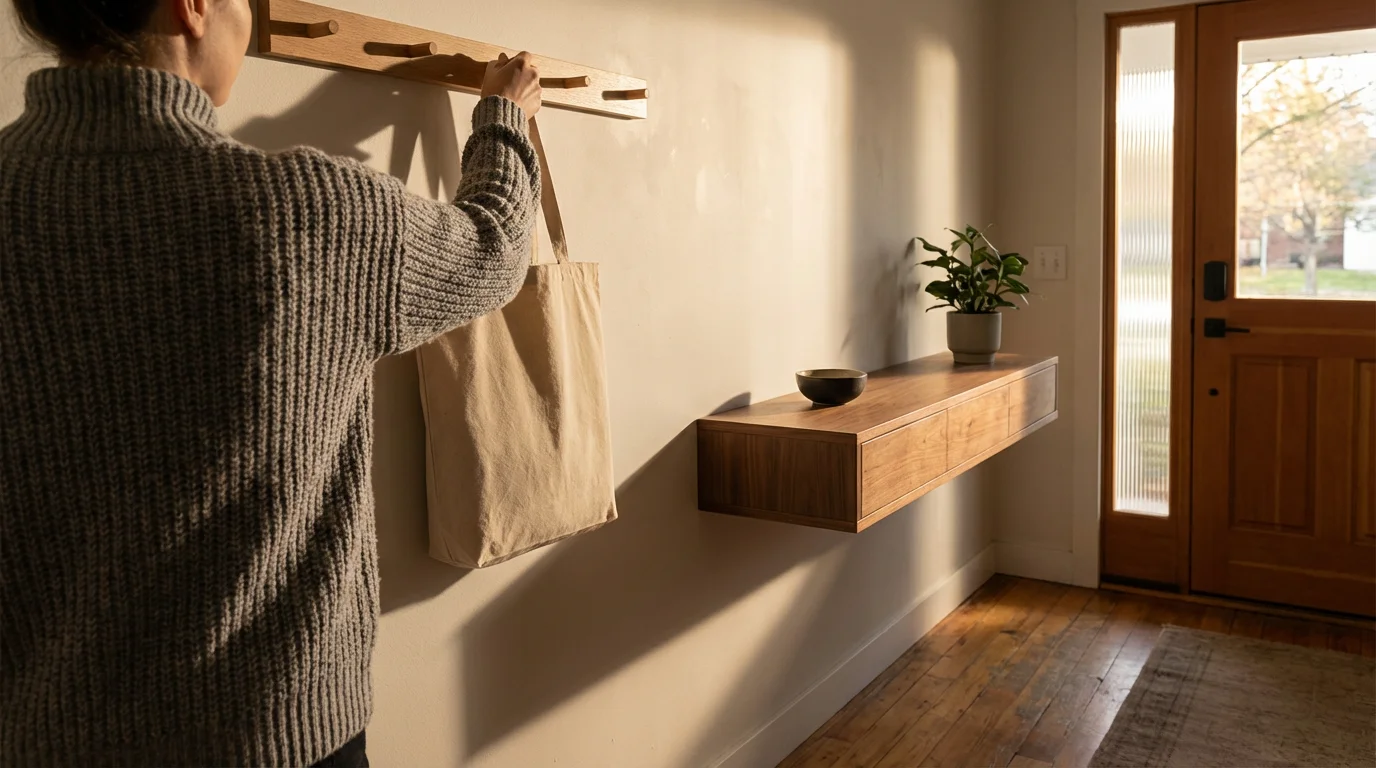 Person hanging tote bag in organized entryway with dramatic afternoon sunlight and shadows.