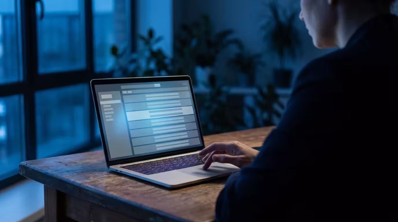 Person hesitating at computer desk during blue hour evening with abstract screen interface