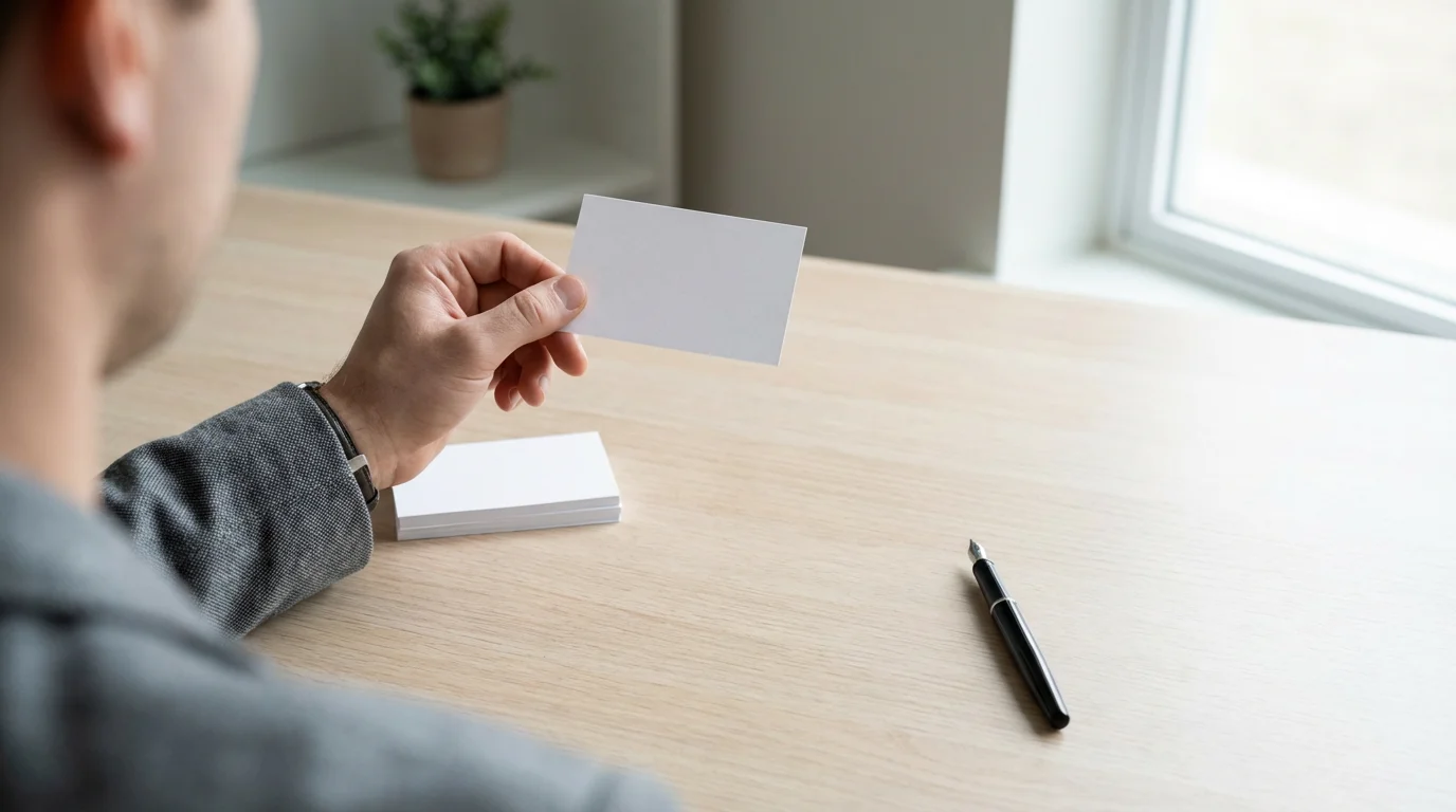 Person holding a single index card, illustrating the atomicity principle of the Zettelkasten method.