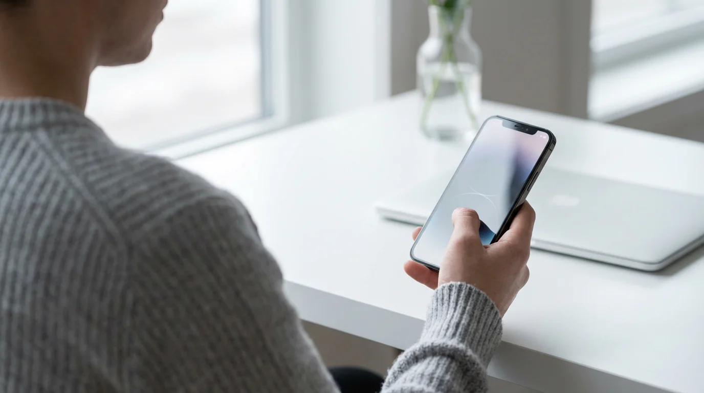 Person holding a smartphone over their shoulder at a bright white desk.
