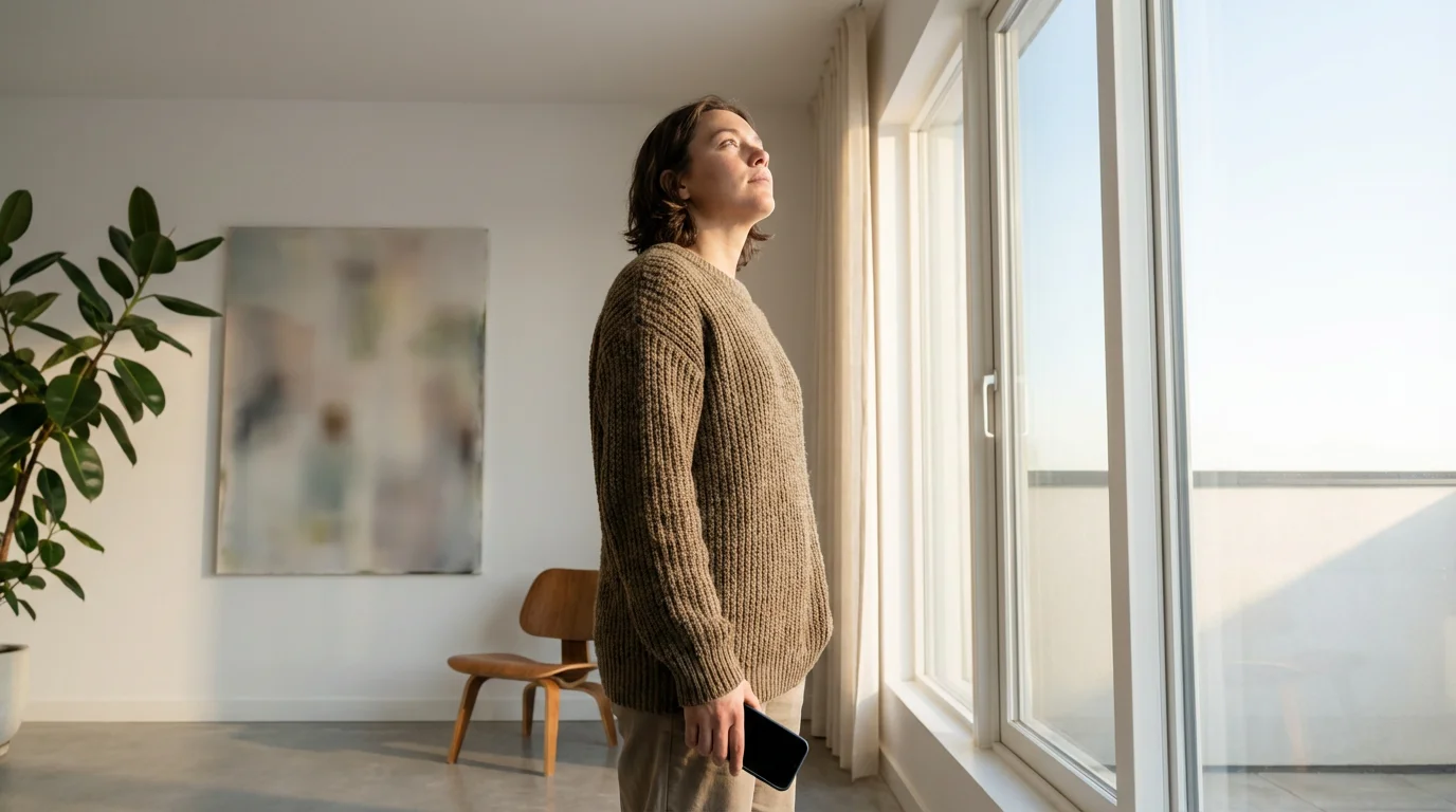 Person holding phone at side looking out window during a mindful pause.