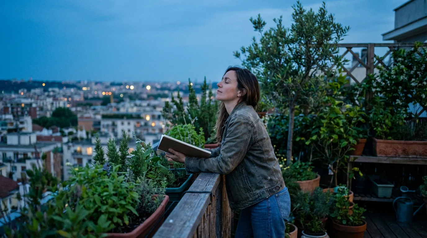 Person holding sketchbook on rooftop balcony at twilight seeking creative inspiration.