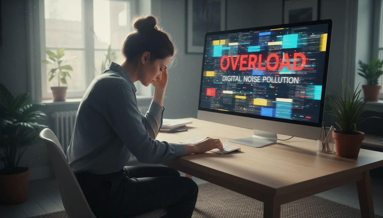 Person hunched over laptop at a tidy desk. Screen shows blurred, chaotic windows, reflecting digital overload and mental fatigue.