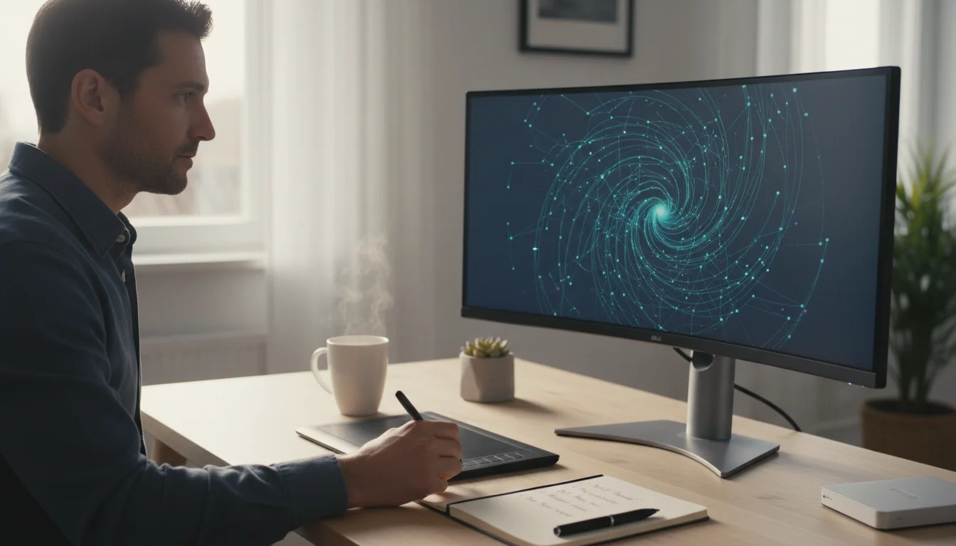 A person intently focuses on a complex project on their computer monitor at a neat, well-lit desk, with a coffee mug nearby.