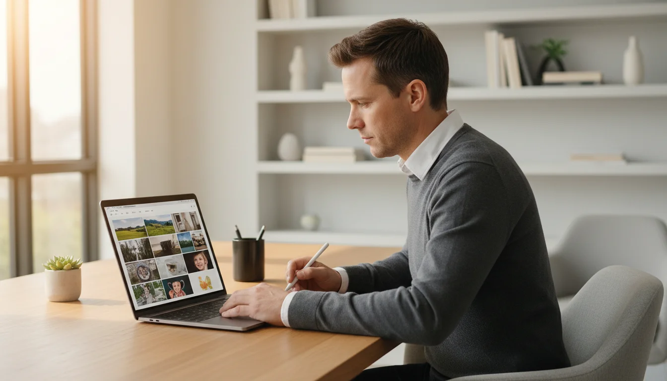 A person intently organizing digital photos on a laptop, with an external hard drive and a framed physical photo on their desk.