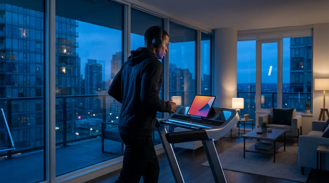 Person jogging on treadmill while watching tablet in evening light.