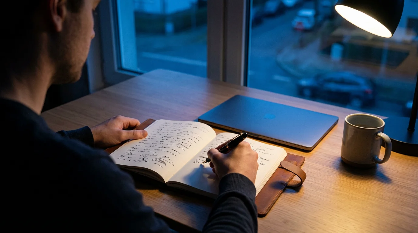 Person journaling at a desk in the evening to reflect on daily performance.