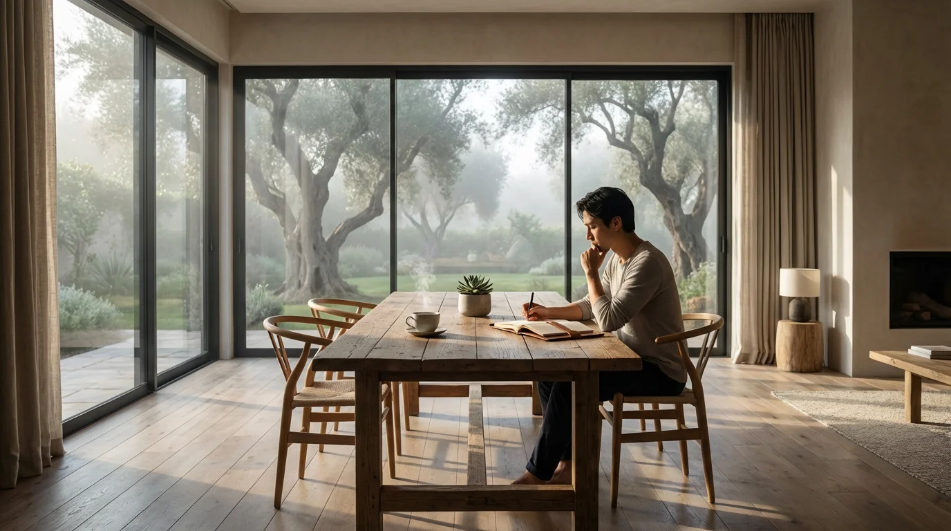 Person journaling at a sunny table in a peaceful room setting intentions for the new year.
