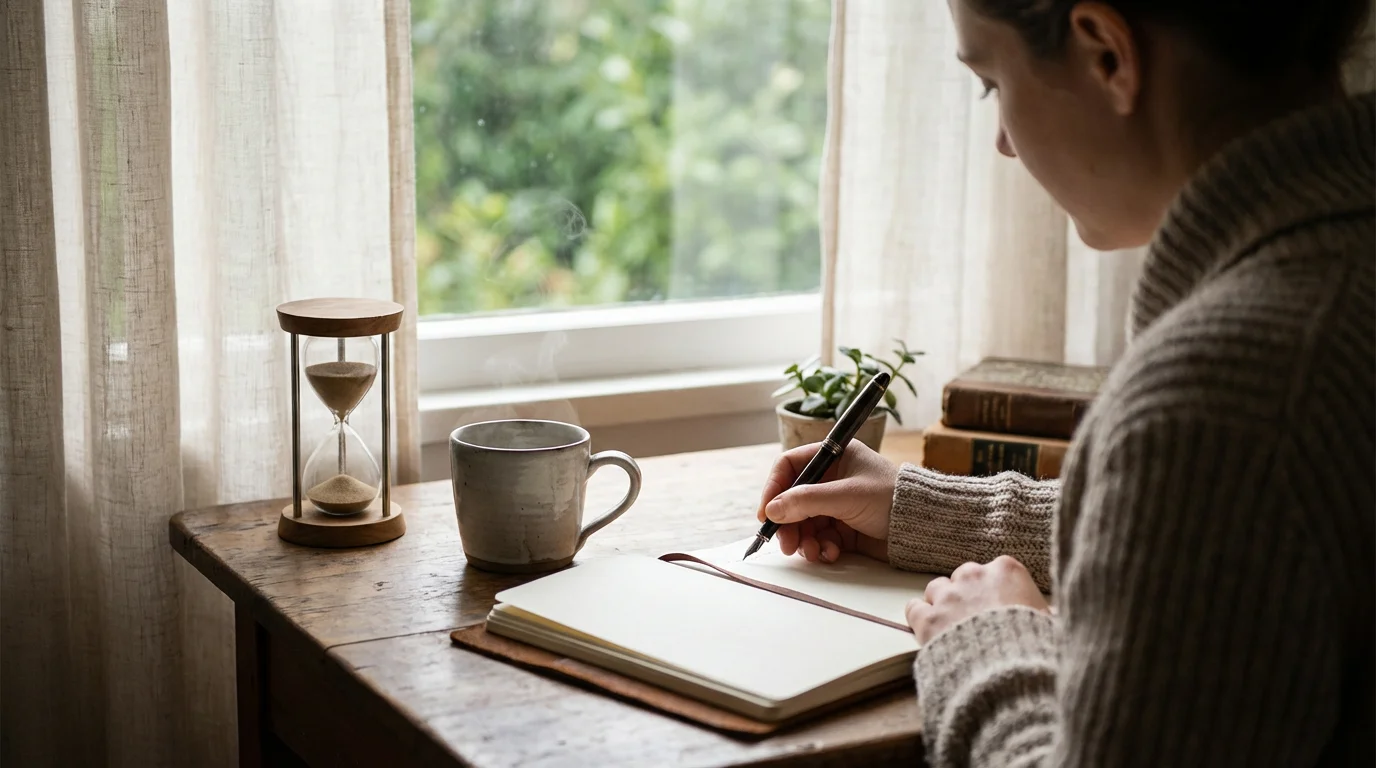 Person journaling at wooden desk with hourglass and coffee in soft morning light.