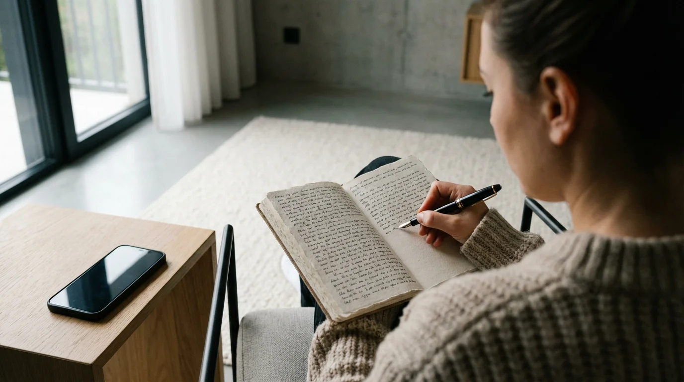 Person journaling by natural window light, ignoring a smartphone; focusing on the present moment.
