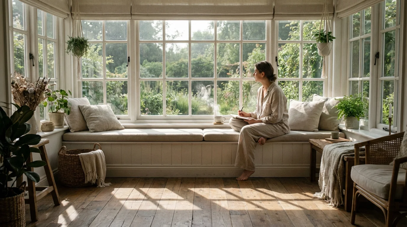 Person journaling in a sunlit window seat with tea reflecting on digital sabbath experience.