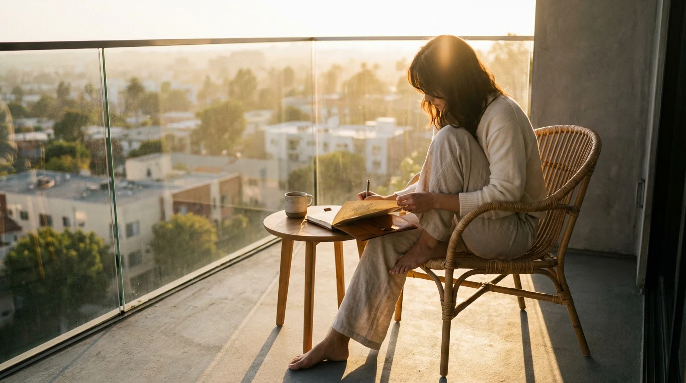 Person journaling on a sunlit, modern balcony overlooking a city during warm Golden Hour.