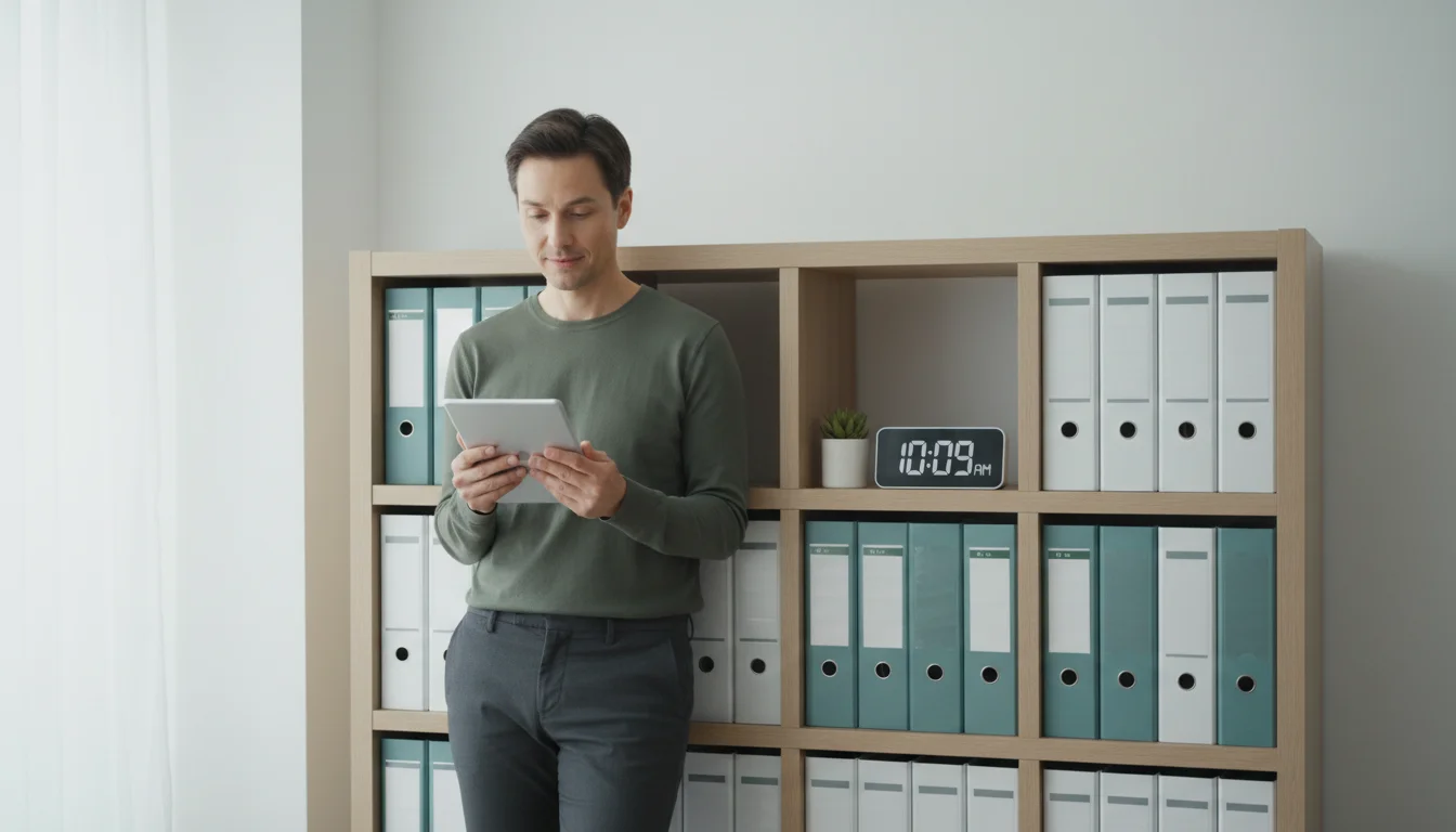 A person leans against a minimalist shelving unit, holding a tablet with a thoughtful expression in a bright, organized office space.