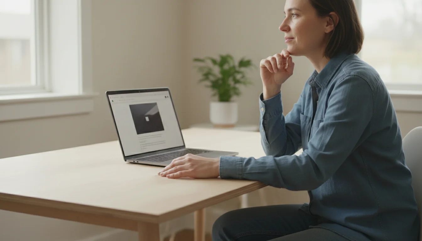 Person at a light wood desk, momentarily looking away from their laptop screen, hand resting gently on the desktop.