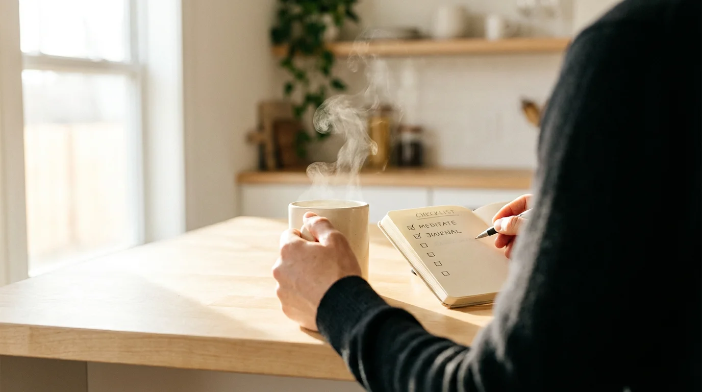 Person linking a new habit (journaling) to their existing morning coffee routine at a bright kitchen counter.