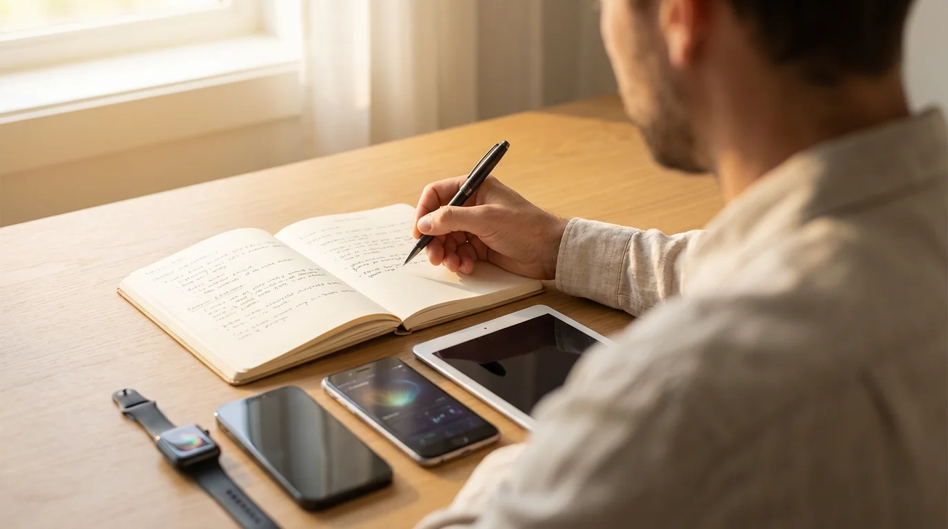 Person logging digital device notifications on a notepad during a systematic inventory process.