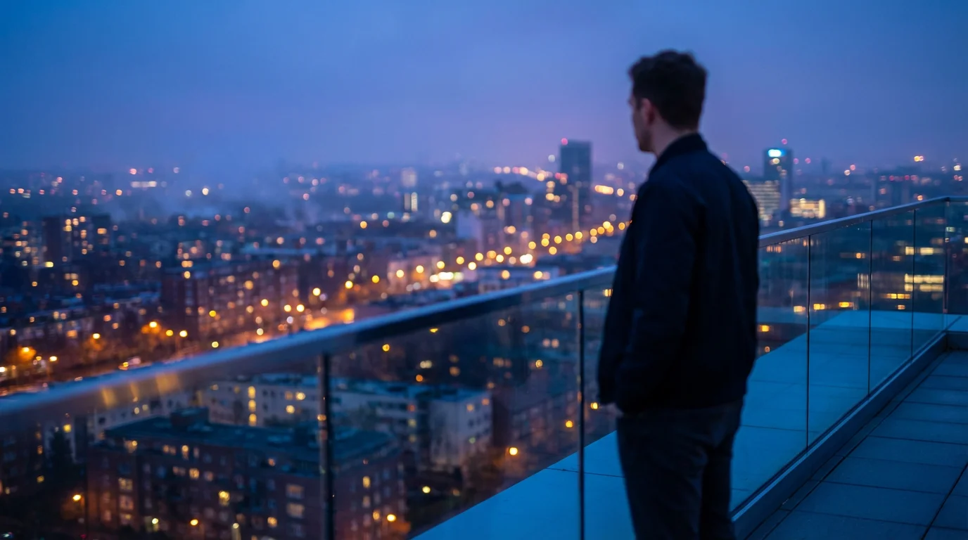 Person looking at city skyline at twilight for mental incubation.