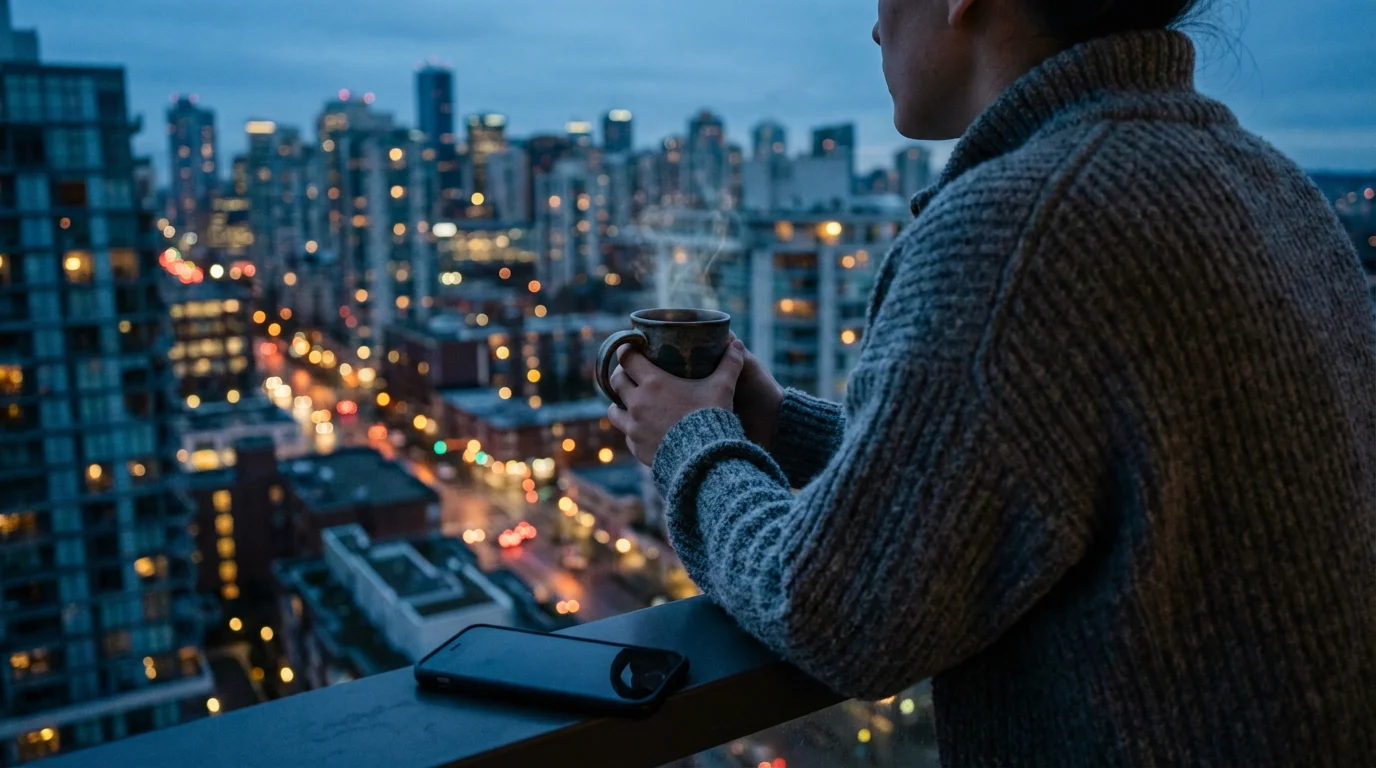 Person looking at city view from balcony at twilight with phone ignored on railing