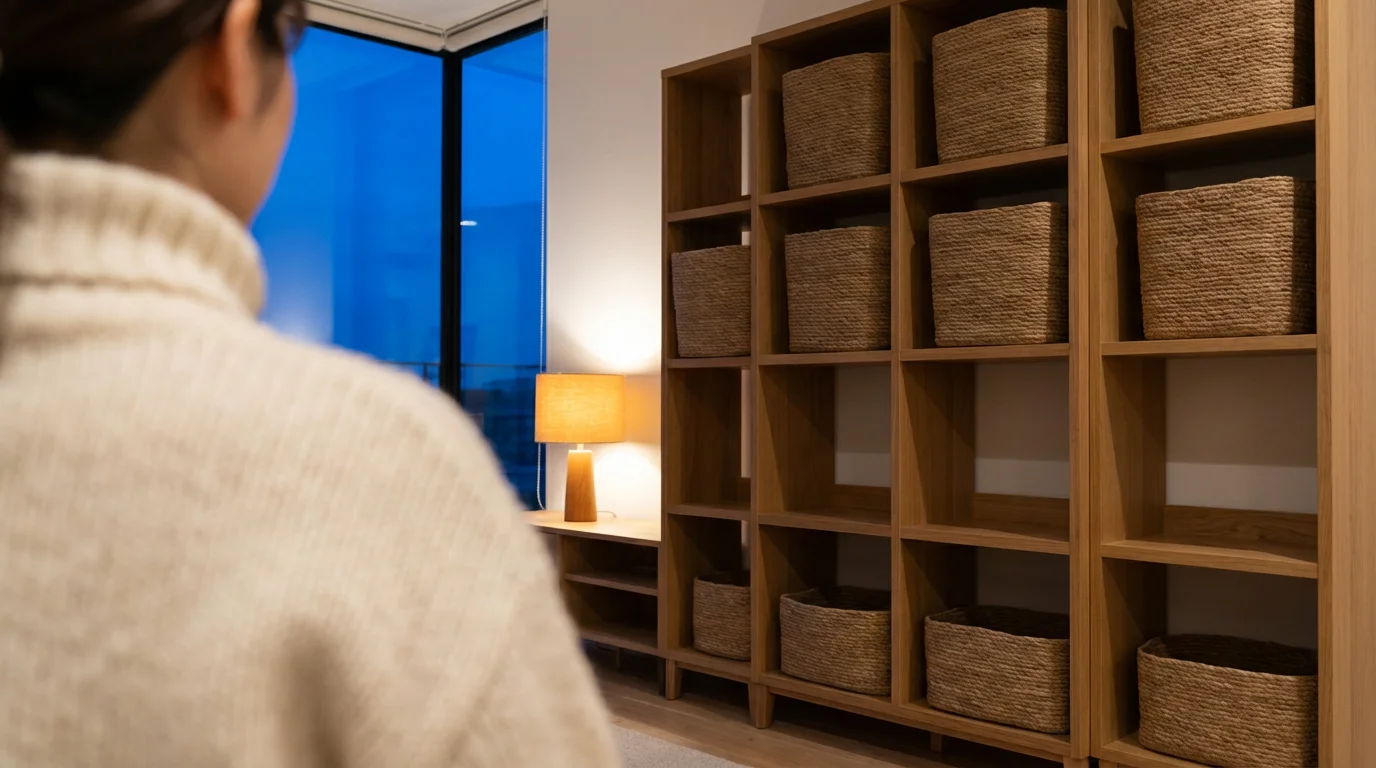 Person looking at organized shelving with baskets during evening blue hour in living room.