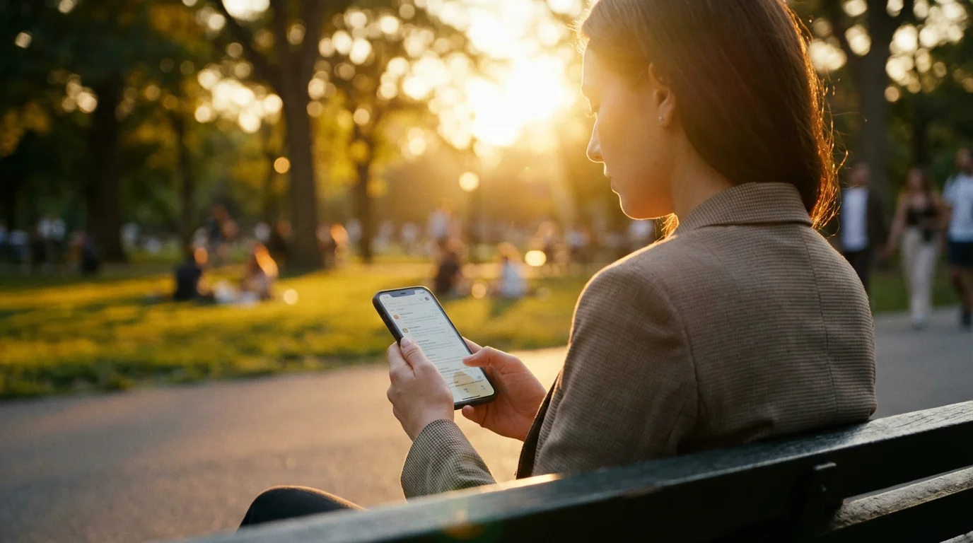 Person looking at smartphone on a park bench during a golden sunset.
