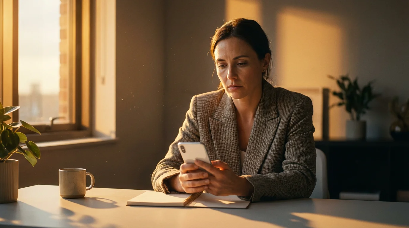 Person looking at smartphone with fatigue during sunset in home office.