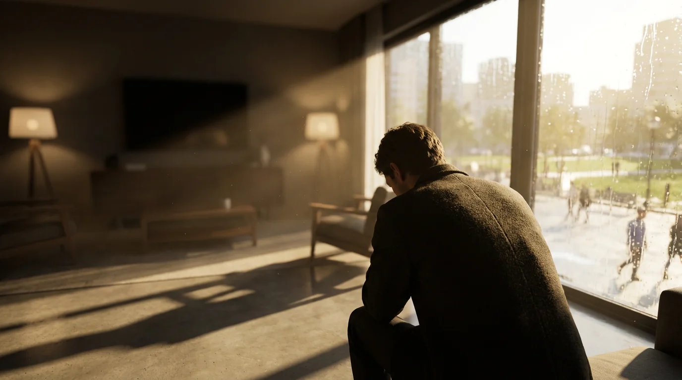 Person looking out window in moody lighting symbolizing mental barriers and limiting beliefs.