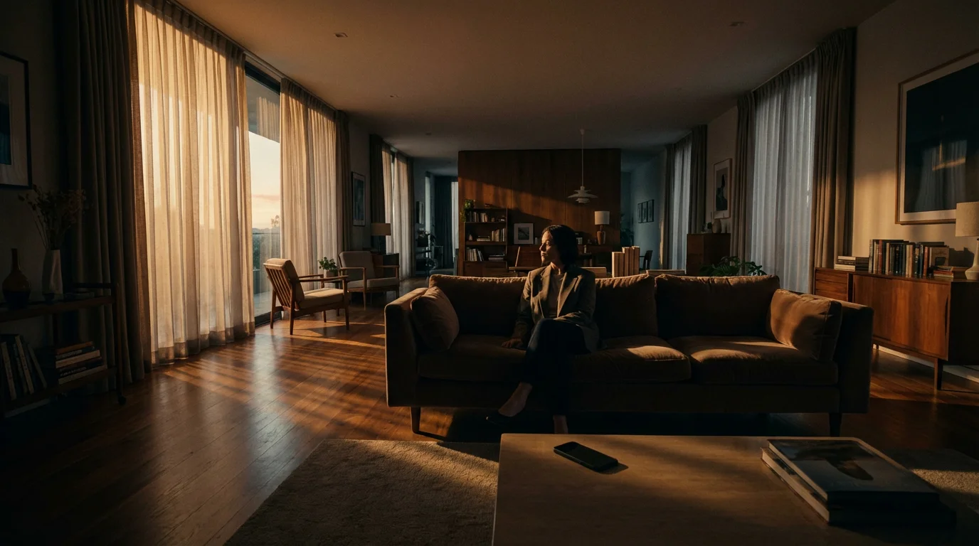 Person looking out window in moody living room with phone ignored on coffee table.