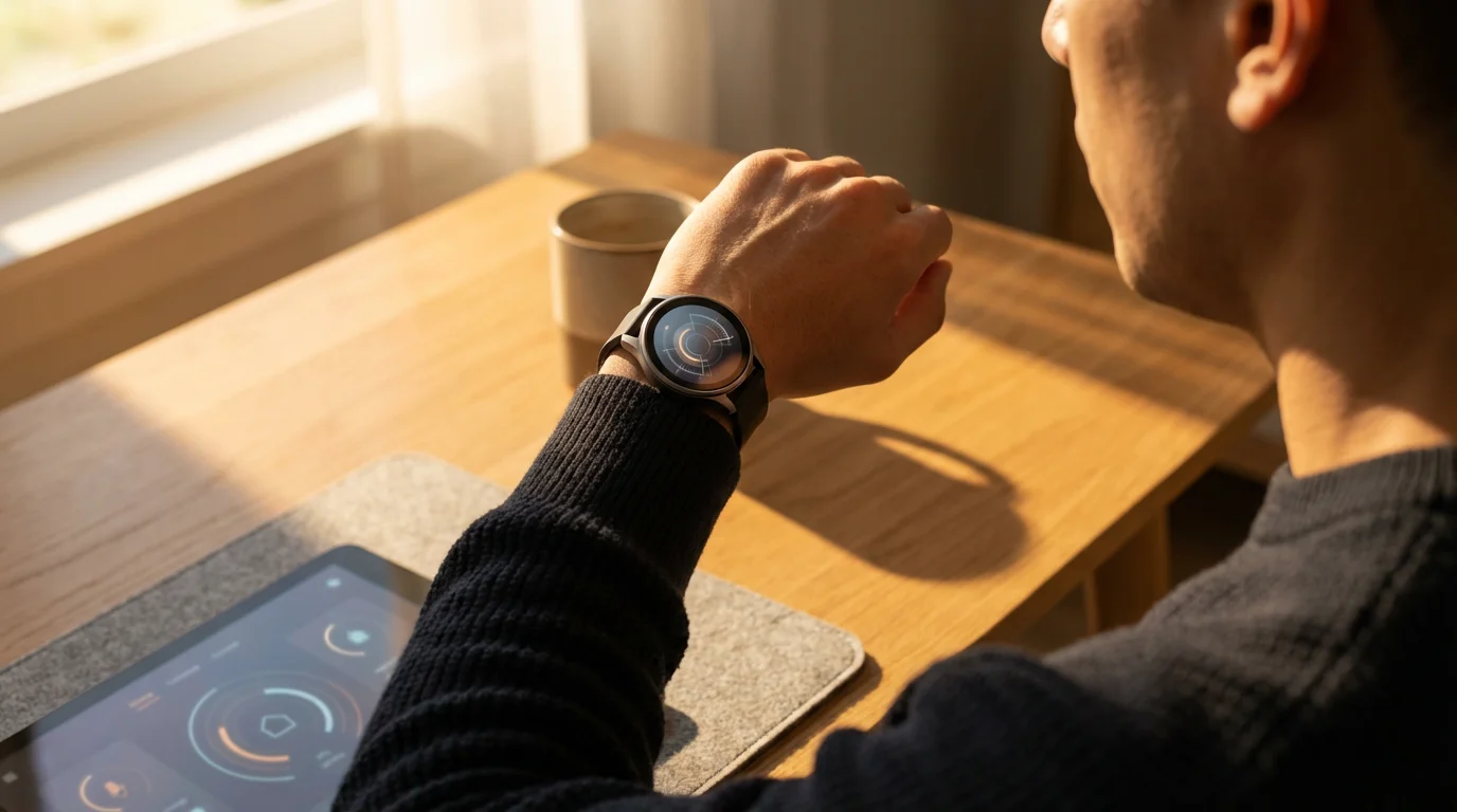Person managing smartwatch notifications and smart home alerts in moody afternoon light.