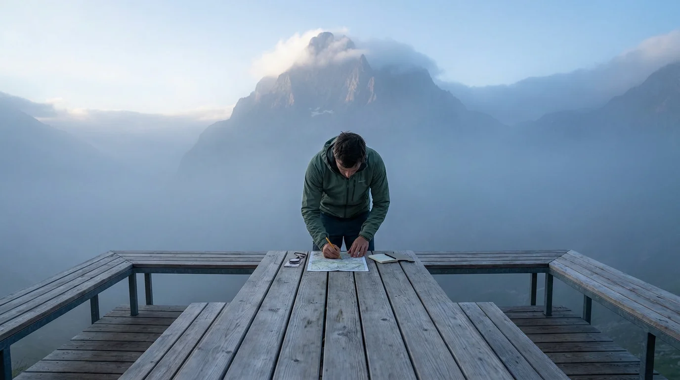 Person meticulously planning actionable steps (leading indicators) outdoors, facing a distant mountain goal.
