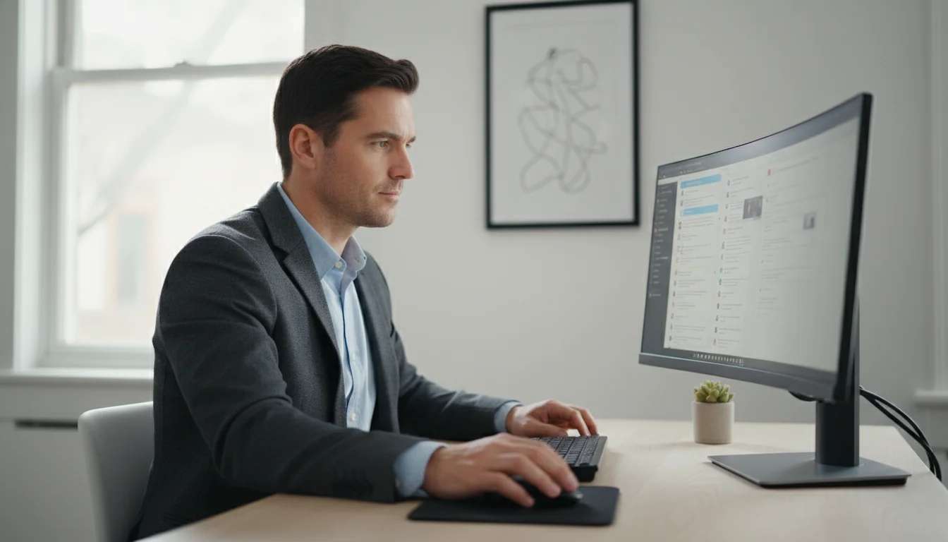 A person at a minimalist desk closing browser tabs on a monitor, reflecting a digital cleanup routine.